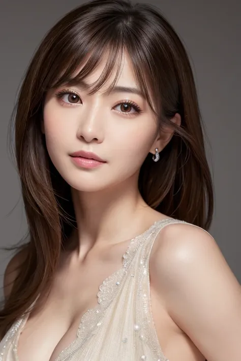 (best quality, masterpiece:1.2), ultra high res, raw photo, photorealistic, full color, Japanese, 1 woman, 50 years old, elegant face, realistic eyes, oblong face, small breasts, medium hair, flipped hair, formal dress