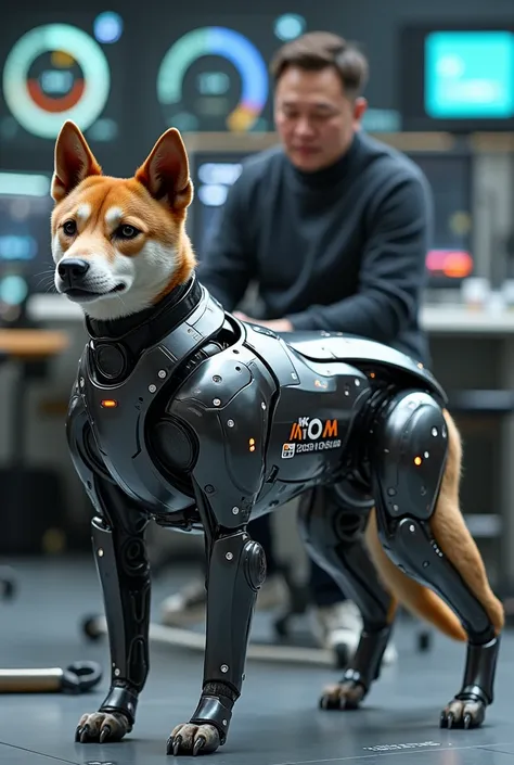 Elon Musk creating the cybernetic dog DogTurbo , DogTurbo is of the Shiba breed and has its name written DogTurbo and Elon Musk is its designer 