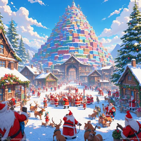 （masterpiece、high quality、High resolution、detailed、８k、16k)、 Santa Claus Village、many cute log houses  、 A mountain of Christmas gifts in the center of the square 、 some Santas and the reindeer gather to discuss、Enjoying Christmas、Big Christmas tree behind、...