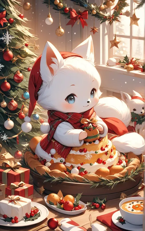    masterpiece， top quality，  high definition  ，8ｋ，  christmas illustration， Christmas Winter Scenery ，Christmas food ， white baby fox ，cute,