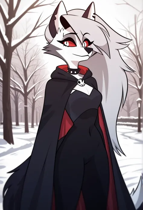 (1girl, solo), perfect body, slim,
anthro, robe, furry, smile, bodysuit, cape covering whole body, long black cape, hoods covered head, head down, red eyes, day, snow, park, standing
Loona (Helluva Boss), best quality, masterpiece 