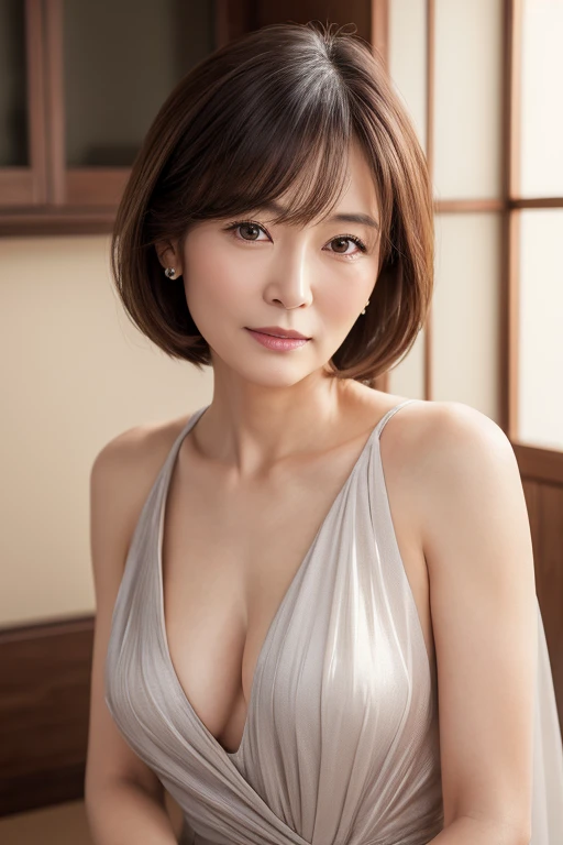 (best quality, masterpiece:1.2), ultra high res, raw photo, photorealistic, full color, Japanese, 1 woman, 60 years old, elegant face, realistic eyes, oblong face, small breasts, medium hair, layered cut, formal dress