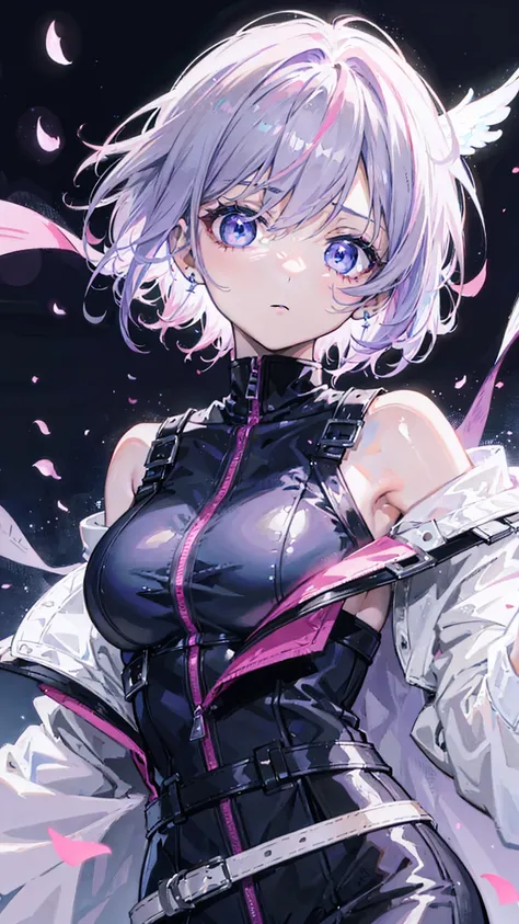 anime girl with purple hair, short korean hair style, little pink hair gradient, blue eyes in a black and white outfit, best anime 4k, grey hair, dark blue eyes, cold expression, piercing gaze, jacket, beautiful face, beautiful eyes, anime style 4 k, detai...