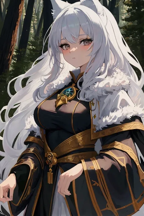 ((best quality)), ((masterpiece)), (detailed). Wolf Girl. 21 year old. White fur. Black eyes. Cute. Mage. Forest background. Try to keep her with a young look. Big chest. She is a mage, so give her mage features and a robe.