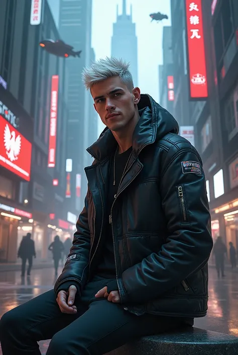 cyberpunk style, cute nice man on cyberpunk, cyberpunk style, cyberpank city, add coat of arms poland, black background, black eyes, with Poland Flag, white hair, short hair