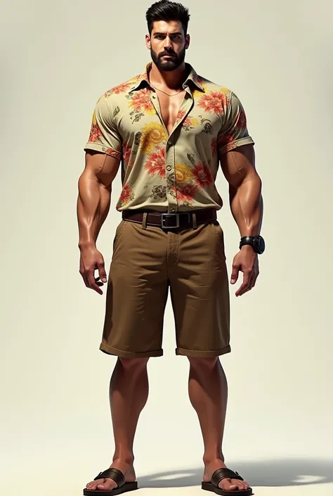 Create for me a very tall man   , White, a little muscular, straight hair, sharp nose ,  full lips light eyes ,  big hands with a flowery shirt and brown shorts and sandals, no beard and mustache, beautiful 