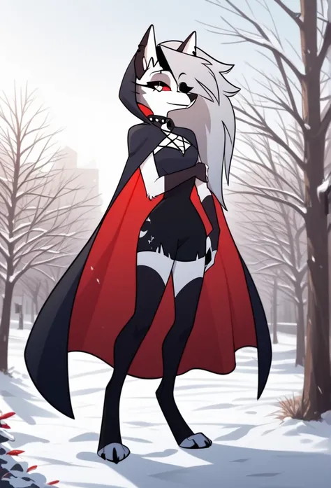 (1girl, solo), perfect body, slim,
anthro, robe, furry, smile, bodysuit, cape covering full body, long black cape, hoods covered head, head down, red eyes, day, snow, park, standing
Loona (Helluva Boss), best quality, masterpiece 