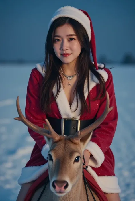 Half body, 1 woman,skinny, Japanese with beautiful face, cosplaying as sexy Santa Claus. She sits on Rudolphs sleigh and looks at the viewer with a kind expression. The sleigh is running in the empty sky of a snowy night