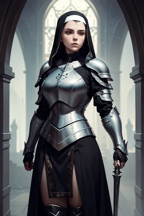 Warrior nun in plate armor, digital art by WLOP, intricately detailed, 8k