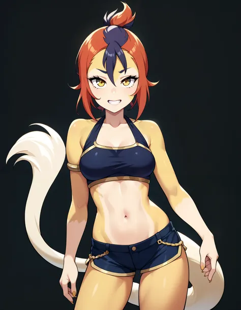 score_8, score_9, solo, BREAK, female , wilykit, multicolored hair,yellow eyes, midriff, tail,, yellow skin, multicolor skin