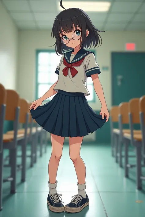 Anime teen school girl with glasses and dirty vans shoes lifting her skirt