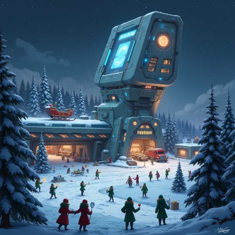 Santa Clause gift advanced factory in the middle of the forest where a lot of small elf with green costume working on the gifts, and santa sleigh is shown in the garage, sci-fi, futuristic building, night time, snow