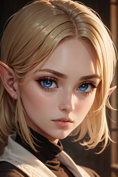 A portrait of a beautiful young elvish woman with narrowed eyes and full lips wearing a turtleneck shirt