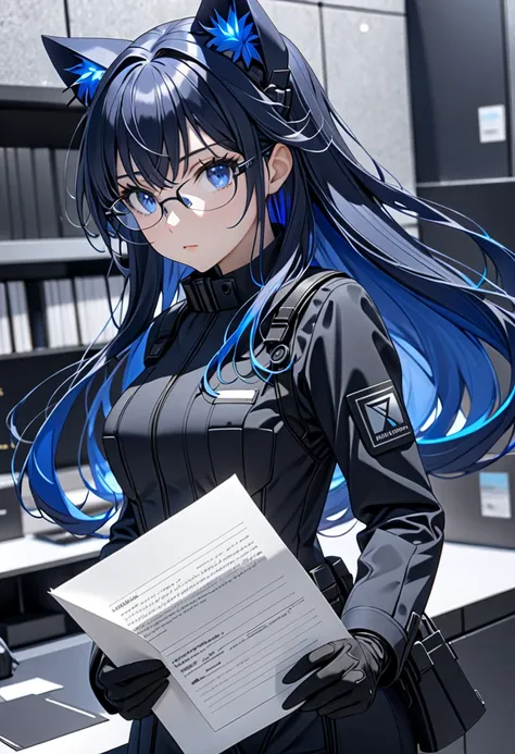 8K Ultra High-Quality, ultra-detailed, High quality, dark blue hair, Blue inner layer hair blue eyes, long hair, Cat ears, gloves, glasses, Black Tactical clothes, solderless suit, skirt, holding a piece of paper, close up, side view, full body, looking aw...