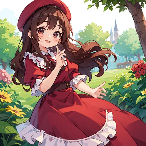  one girl、Age 19、 Beautiful Burgundy Dress( lots of frills )、 Wearing a Beret 、garden、smile、 Brown Hair( wave hair)