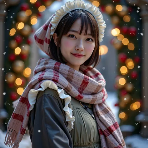 ultra-realistic, photorealistic, dramatic scene, shadow, global-illumination, solo, (20 years old Japanese famous idol girl:1.5), very beautiful fragile Japanese girl, very beautiful with very cute but boyish cool face, (traditional maid, face focus, woole...