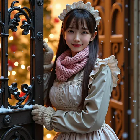 ultra-realistic, photorealistic, dramatic scene, shadow, global-illumination, solo, (20 years old Japanese famous idol girl:1.5), very beautiful fragile Japanese girl, very beautiful with very cute but boyish cool face, (traditional maid, face focus, woole...