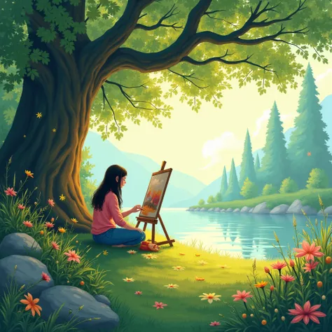 Illustrate a person in a peaceful, colorful setting, practicing a skill they’ve always wanted to master—whether it’s painting, playing an instrument, or meditating under a treeSee less
