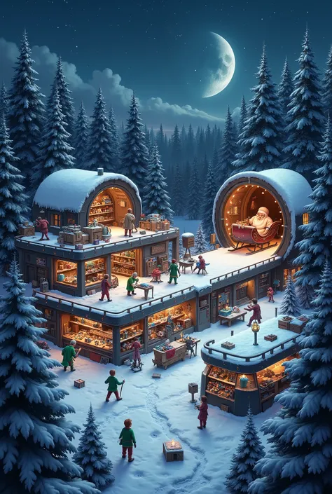 Santa Clause gift advanced factory in the middle of the forest where a lot of small elf with green costume working on the gifts, and santa sleigh is shown in the garage, night time, snow