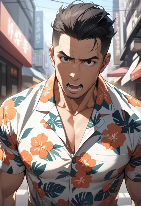 (Masterpiece, high resolution, best quality), solo, 1 male, 40-years old man, asian, tough guy, black hair, crew cut, black eyes, tall and muscular, aloha shirt, feel surprised, open your mouth, looking at viewer, upper body, cityscrape background