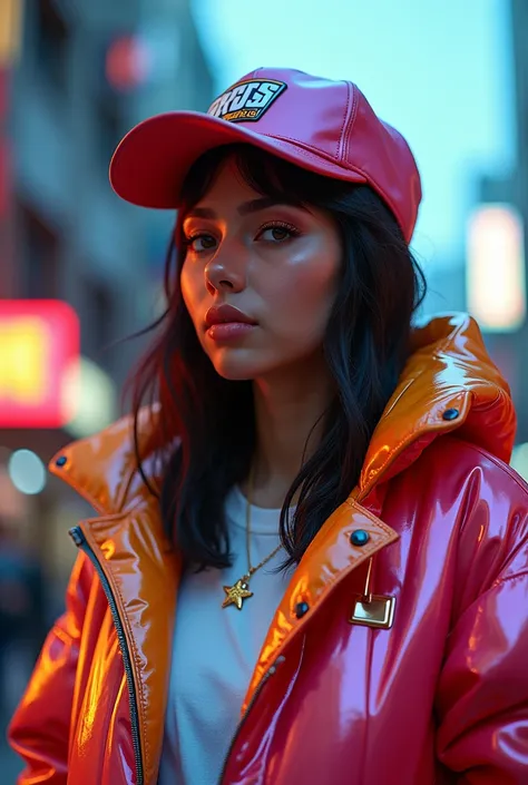 Girl in a shiny jacket and a dj cap