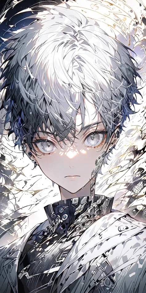 A stylized anime portrait of a young man with dark, short hair, a sophisticated, metallic silver and gray coat with intricate design elements, and expressive grey eyes.  The overall aesthetic should emulate a futuristic cyberpunk or fantasy setting, focusi...