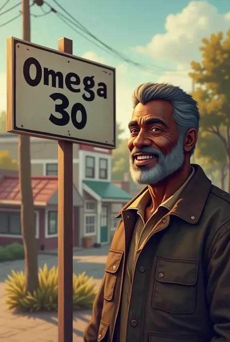 A dark-skinned man looks at a sign with a smile on it that says Omega 30