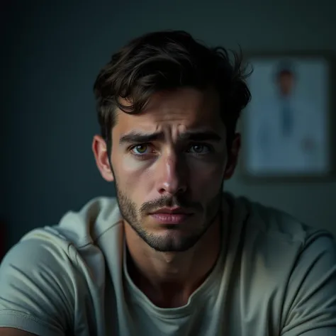 A close-up of a young man in his early 30s, sitting on a chair with a worried expression. His eyes reflect deep concern, his brows slightly furrowed. He is wearing a light-colored shirt and looking downward as if lost in thought. The background shows a sof...