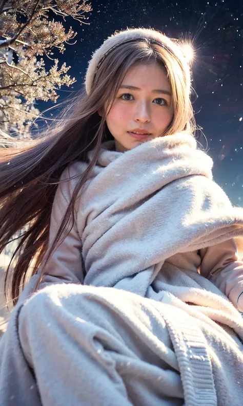 (   staring at something、Diamond dust flutters、クリーム色のhair、  Heavy snowfall area    、  Its snowing 、   blue eyes、   blue eyes、white winter clothes   、  watching the night sky in frigid regions  、Im wearing a fluffy red scarf、  her breath is white expression...