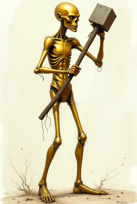 Exaggerated drawing with a hammer and skinny with a golden metallic layer
