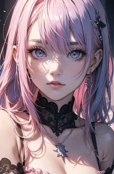       cool women、      sexy、Beauty.  Bump in the center     、     The Rise of Chainsaw Man  、((  small breasts)).Beauty、      yandere、   beautiful face、   super detailed、      face close-up    、      chest tattoo  、Blue lace、      Necklaces    、((  pink ha...