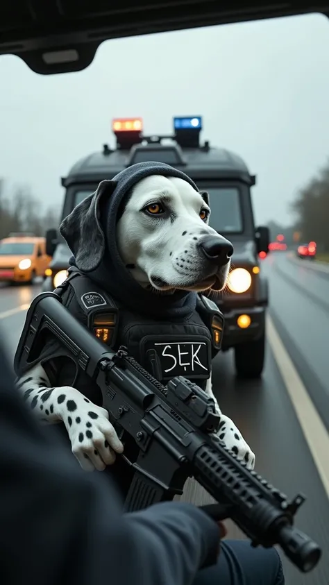  “A Dalmatian ,  is sitting in a black armored emergency vehicle  (sek), } and the town sign for the municipality of Fahrenzhausen ,  shown as a member of a special task force . Der Dalmatiner trägt eine taktische Weste mit dem Schriftzug ‘sek’,  that is s...