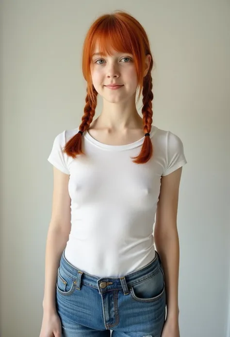 A redhead girl with pigtails hair and small breasts standing, wearing blue jeans taking a realistic photo, pokies