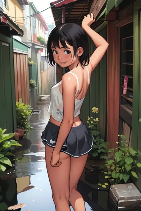 1 Girla、, super mini skirt and tanktop、((small breast)), Detailed face、Detailed Hair、Clear skin、happy smile、teeth, (fullbody shot), back view, back shot, looking back at viewer, cute girl, ((cute hip), (booty pose)), after the rain, Walking down a narrow a...