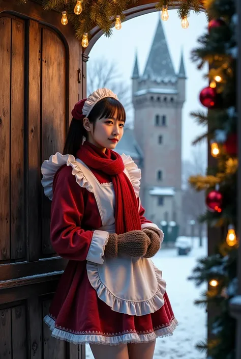 ultra-realistic, photorealistic, dramatic scene, shadow, global-illumination, solo, (20 years old Japanese famous idol girl:1.5), very beautiful fragile Japanese girl, very beautiful with very cute but boyish cool face, (traditional maid, face focus, woole...