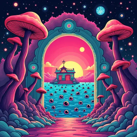 Psychedelic surreal vintage so synth wave poster cartoon style, arched door overseeing ocean filled with eyeballs trippy mushroom arches in a room on ocean with trippy eyes sunset cotton candy neon colors, Salvador Dali, clocks, surrealism , airbrush art, ...