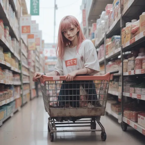 A Japanese woman, Pink hair with bangs. Many injuries. Dirty body. Body with many bruises. On a shopping cart