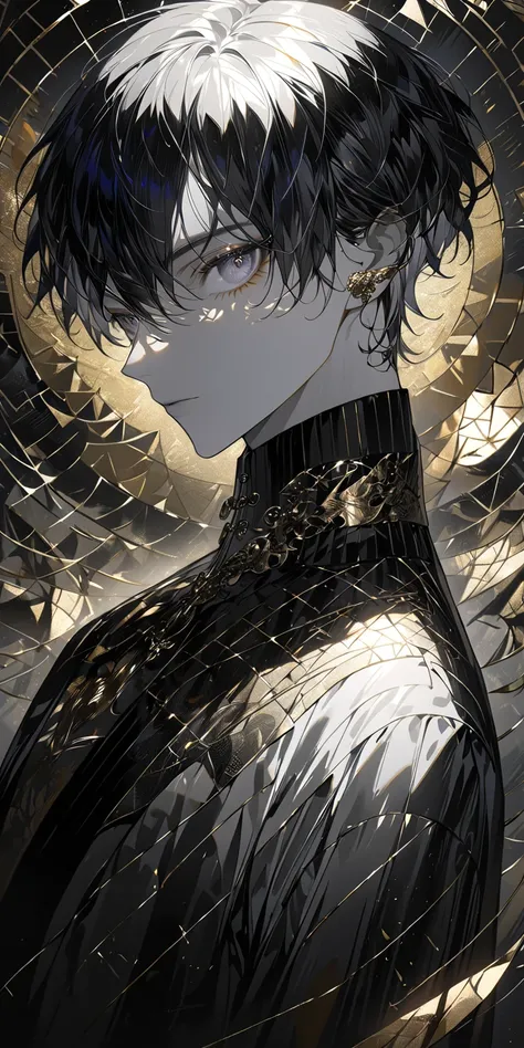 A stylish anime portrait of a young man with short, dark hair, striking light-gray eyes, and a sophisticated, dark-colored outfit featuring intricate, metallic, and geometric patterns, rendered in a high-detail, painterly style with a dramatic circular hal...