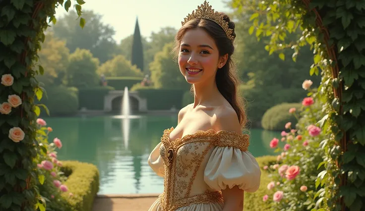 The digital painting depicts the image of a princess in front of a lake, inside the royal garden. Her face smiled happily. Set in 17th century France