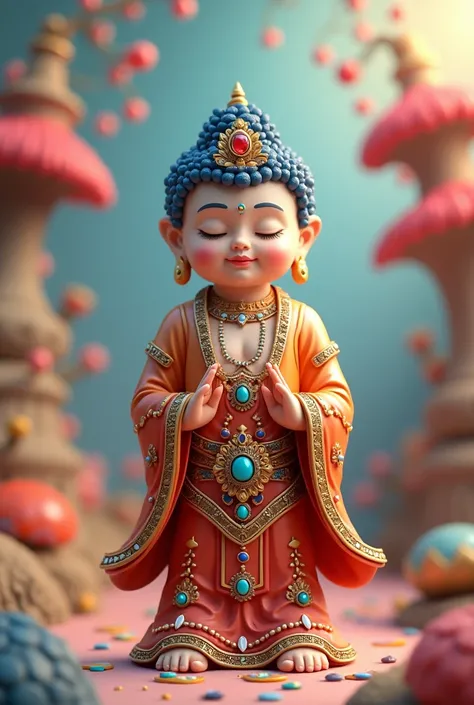 3d buddha ,Standing Pose, Cute Shapes,Bright colors, full body image,front view, Full Body Jewelry,Full Body Jewel ,The background is a fantasy genre.,Realistic images