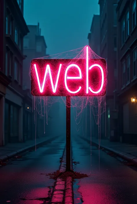 Create an image of a neon sign in the middle of the street that says “web” and that has cobwebs covering the letters a little 