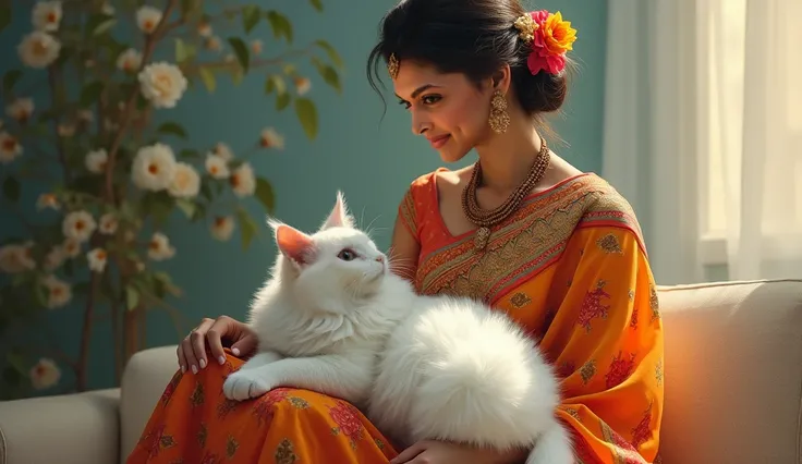 A saree women with showing white fluffy cat