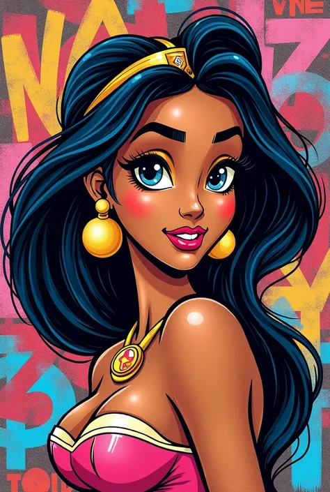 Princesse jasmine en pop art , dessiné au crayon et feutre
Graffiti en arrière plan avec ecriture