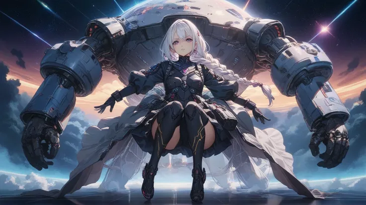 Straight to viewer long view shot of Straight to viewer of a serious anime girl braided white hair and intense violet eyes, dressed in a dark silver and black suite with sharp, angular armor plating. Background: space, sci-fi, futuristic Japan space theme....