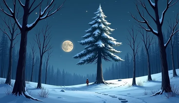 Generate in cinematic 3D cartoon style : giant old pine tree alone in a european forest winter snow, moonless night