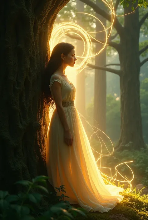 Lina, with her ear pressed against the trees bark, listening intently as golden tendrils of light swirl around her. The scene is magical and mysterious, with an otherworldly glow emanating from the tree, illuminating her face.
