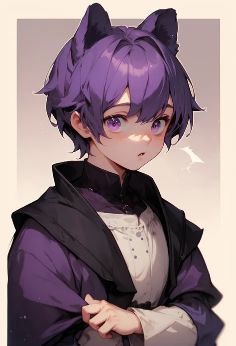  kid ，boy，Dog ears，Purple short hair， purple eyes， medieval clothes， upper body，Starry Eyes，Surprised mouthed 