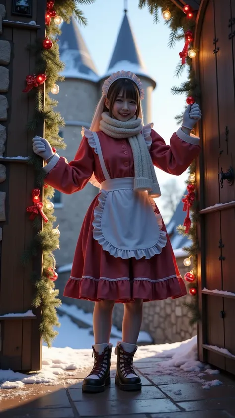 ultra-realistic, photorealistic, dramatic scene, shadow, global-illumination, solo, (20 years old Japanese famous idol girl:1.5), very beautiful fragile Japanese girl, very beautiful with very cute but boyish cool face, (traditional maid, face focus, woole...