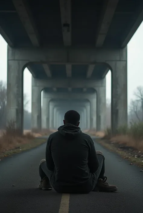 black man sitting under a bridge alone , he is slowly turning into a zombie.