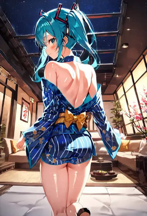 (hatsune miku:1.2), (gleaming skin, shiny skin:1.4), (mini yukata, bare shoulder, bare back:1.4), (japanese sandals:1.4), (cowboy shot, from front:1.4), (luxurious penthouse, indoor rooftop japanese livingroom:1.4), (midnight:1.4),